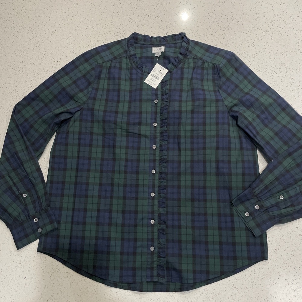 J Crew Factory Tartan Plaid Flannel Ruffle Collar Top Shirt Size Medium NWT